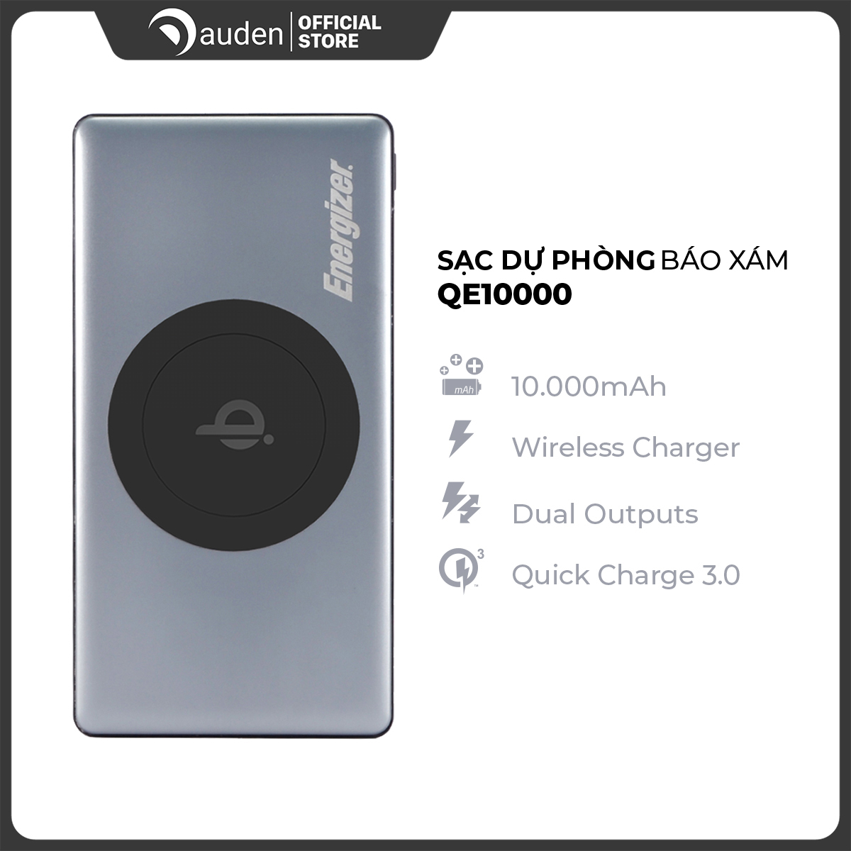 Pin dự phòng Energizer BÁO XÁM 10,000mAh tích hợp sạc không dây 5W - QE10000GY