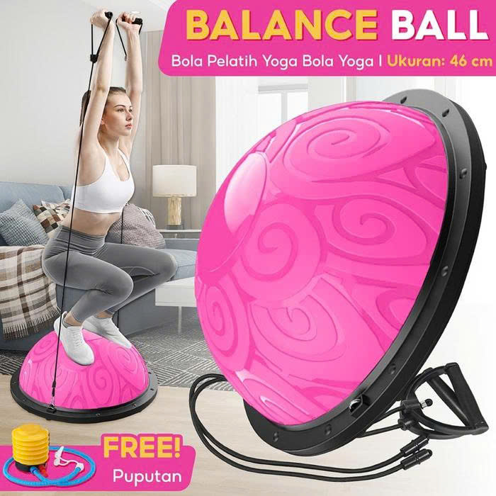 (6006N 46CM) BG - Mới Bóng Tập Yoga Thăng Bằng Bosu Có Hoa Vân Trên Bóng + Tặng Kèm 2 Dây Kéo Tay Và Bơm Bóng