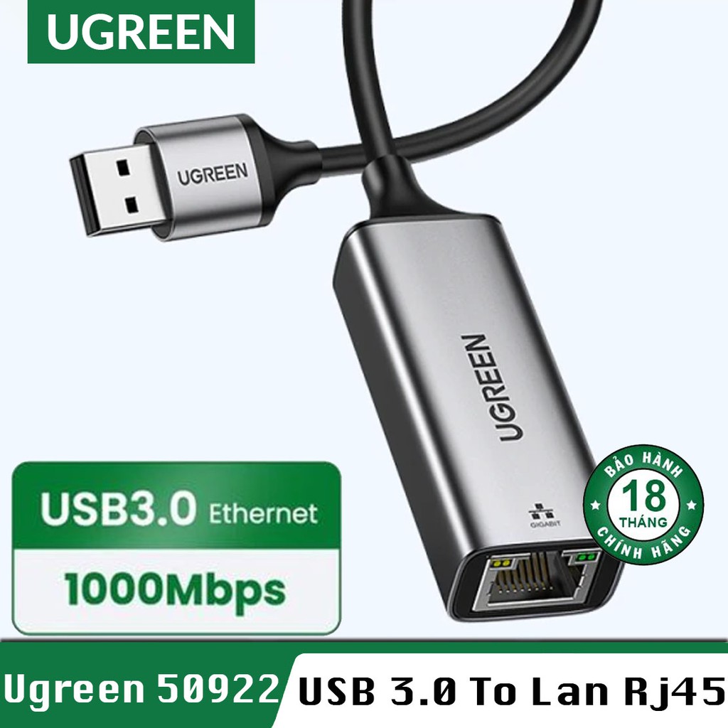 Cáp usb 3.0 to lan 10/100/1000mbps gigabit ethernet ugreen 50922 chính hãng