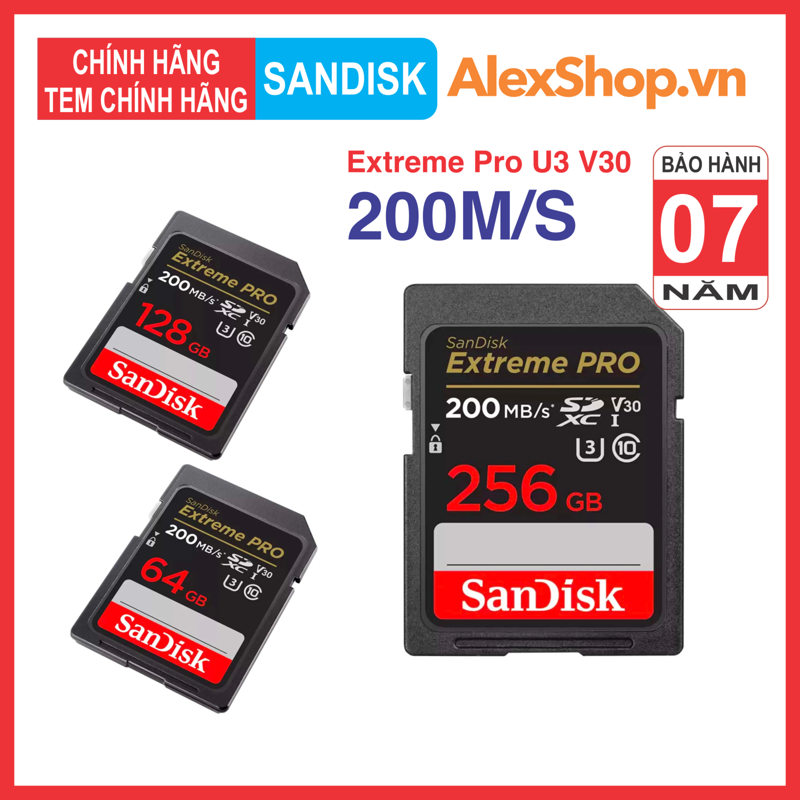 Thẻ nhớ SDXC SanDisk Extreme Pro U3 V30 64GB-128GB-256GB 200MB/s