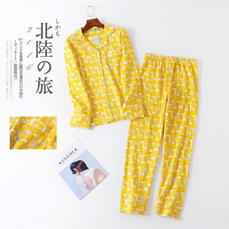 Bộ pyjama nữ mặc nhà thun cotton vàng họa tiết
