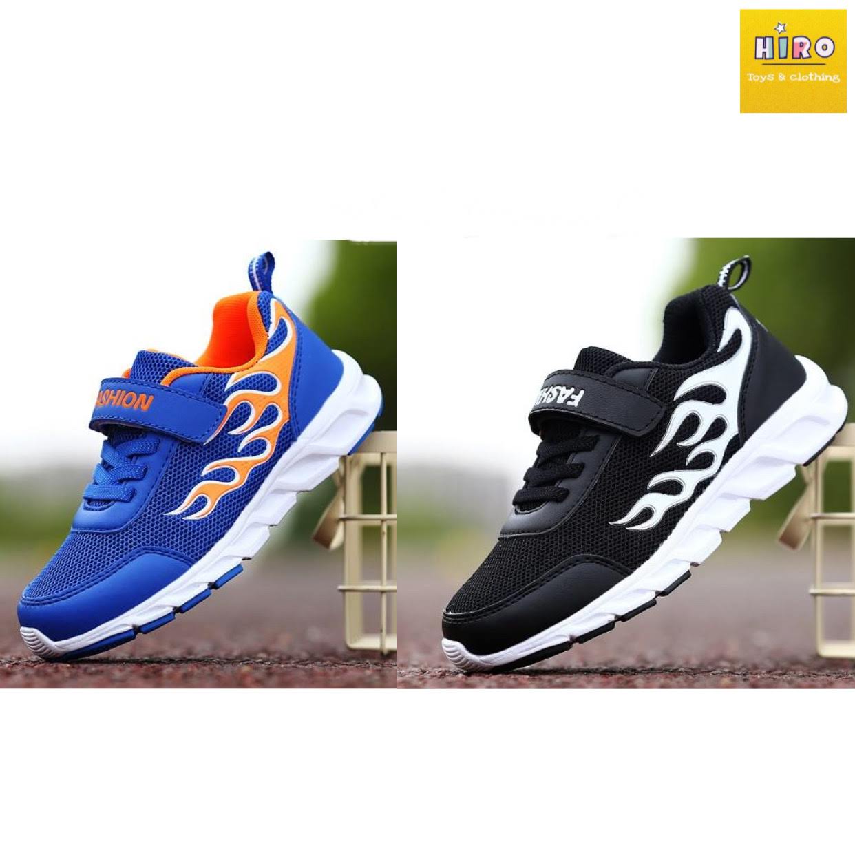 Giày sneaker bé trai  3 - 16 tuổi siêu nhẹ thoáng khí (lửa xanh và đen)- giày thể thao bé trai - giày bé trai - G004
