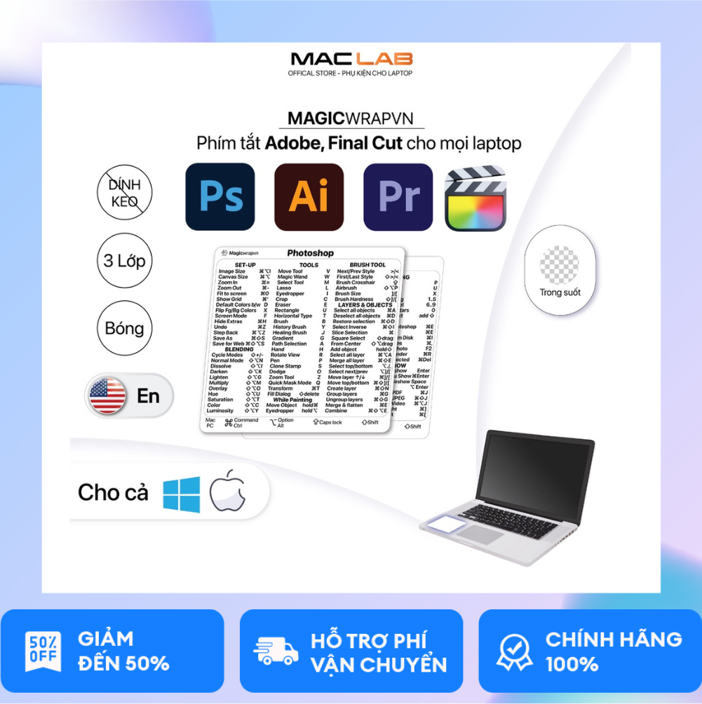Miếng dán phím tắt AI, PTS, Lightroom, Premier Pro cho Macbook / Windows | Magicwrapvn