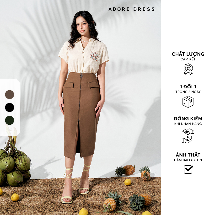 Chân váy midi tuytsy nâu be, đen, dark green khóa kim loại 411SK2003 ADORE DRESS