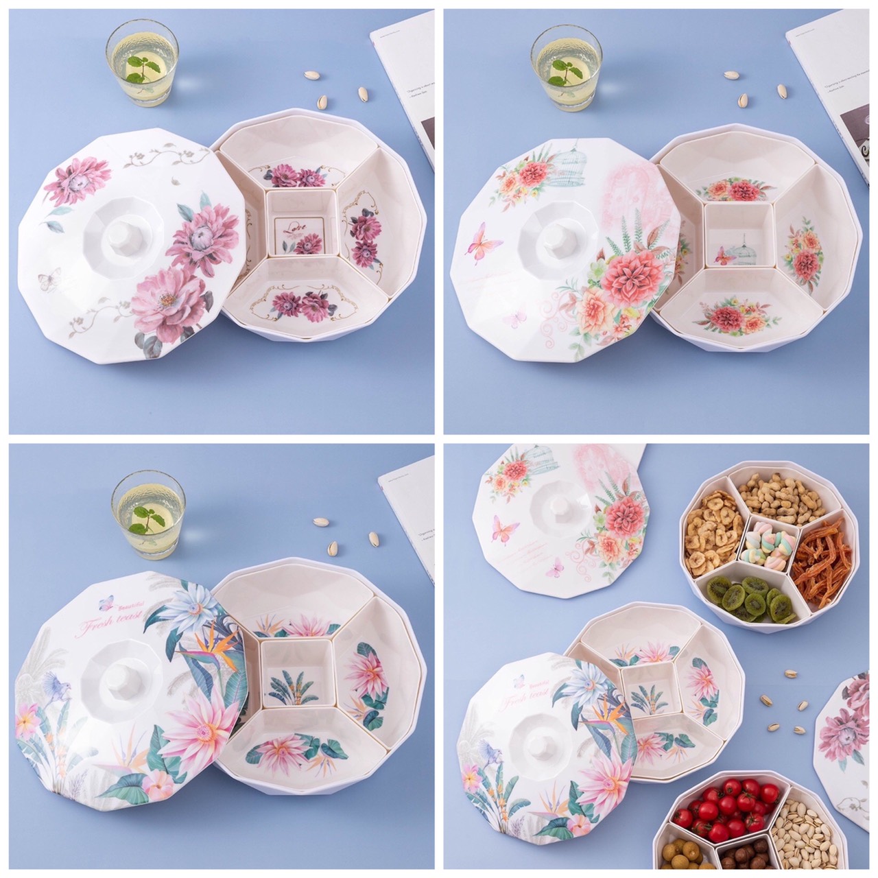 [TẾT 2022] Khay mứt 5 ngăn hình bông hoa, hộp đựng bánh kẹo tết 5 ngăn, khay đựng bánh kẹo lúa mạch cao cấp