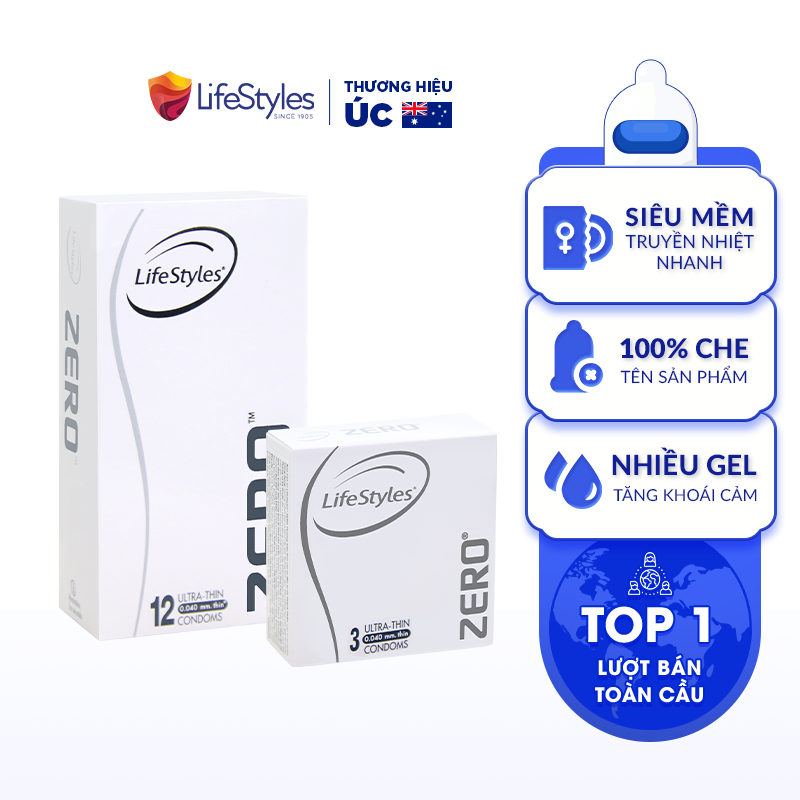 Combo bao cao su siêu mỏng vô hình truyền nhiệt nhanh lifestyles zero dẻo dai nhiều gel bôi trơn tăng khoái cảm, 100% không rách bao - hộp 3 bao & hộp 12 bao
