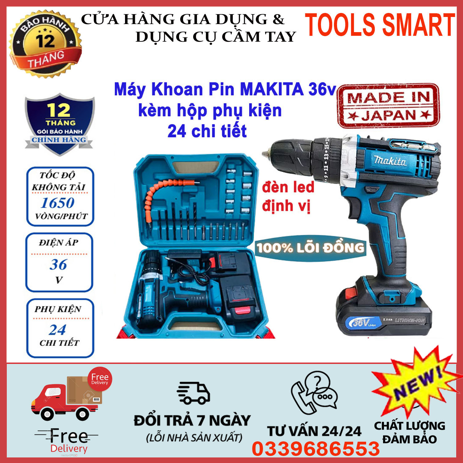 Máy khoan pin makita 36v có búa - 3 chức năng khoan vít búa - 24 phụ kiện motor lõi đồng 100% . máy khoan pin cầm tay 36v , bảo hành 12 tháng