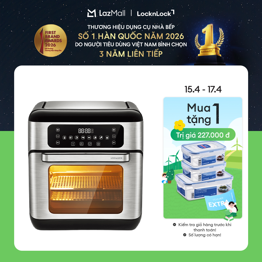 Trả góp 0% - EJF291BLK - Lò nướng chân không điện tử LockLock 10L - 8 chế độ nấu - 8 phụ kiện nấu, Cửa trong suốt tháo rời