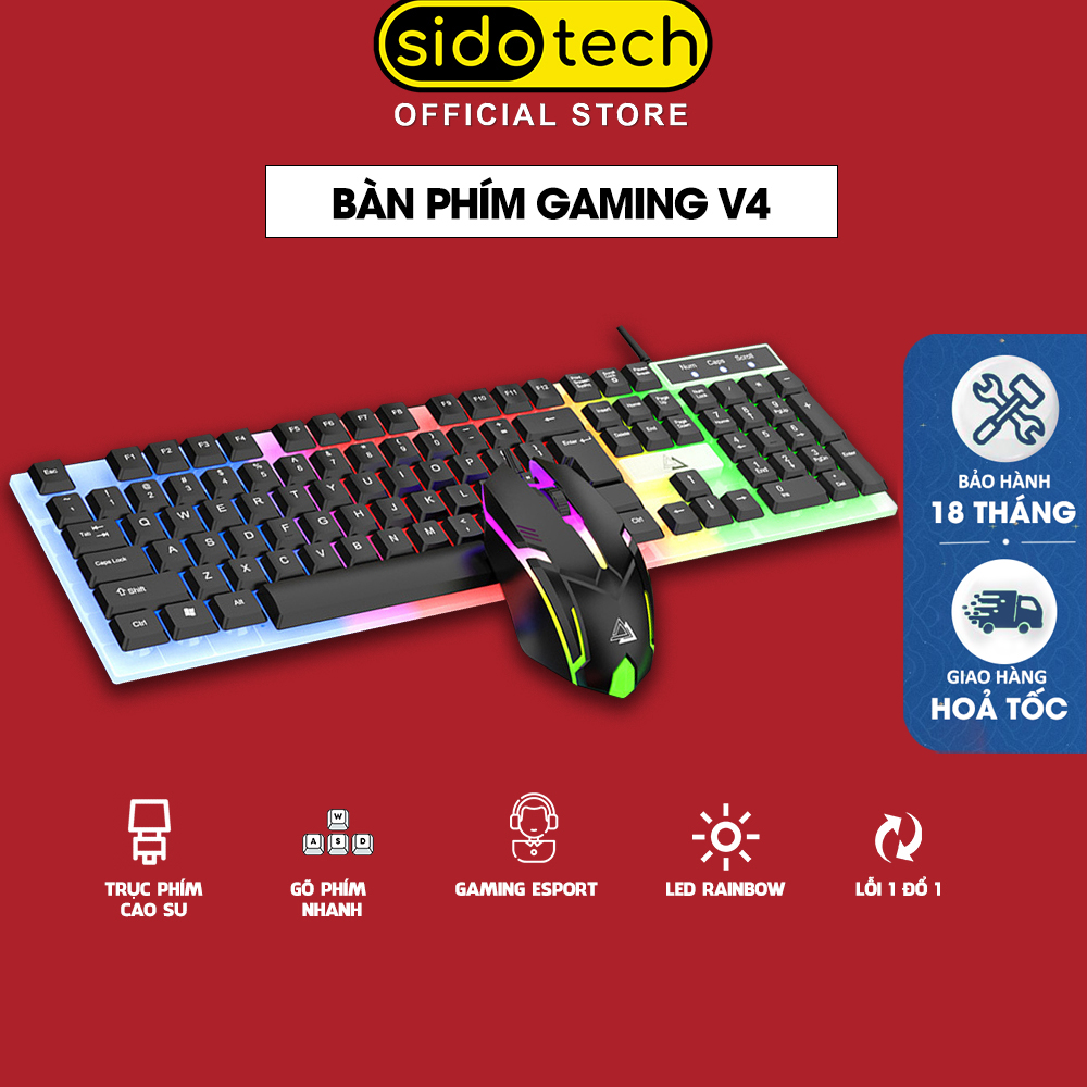 Bàn phím máy tính gaming có dây SIDOTECH V4 giả cơ đèn led rgb cầu vồng chống nước full 104 key combo chuột bàn phím chơi game làm việc gõ phím nhanh không delay giúp gõ văn bản chơi game esport - Hàng chính hãng