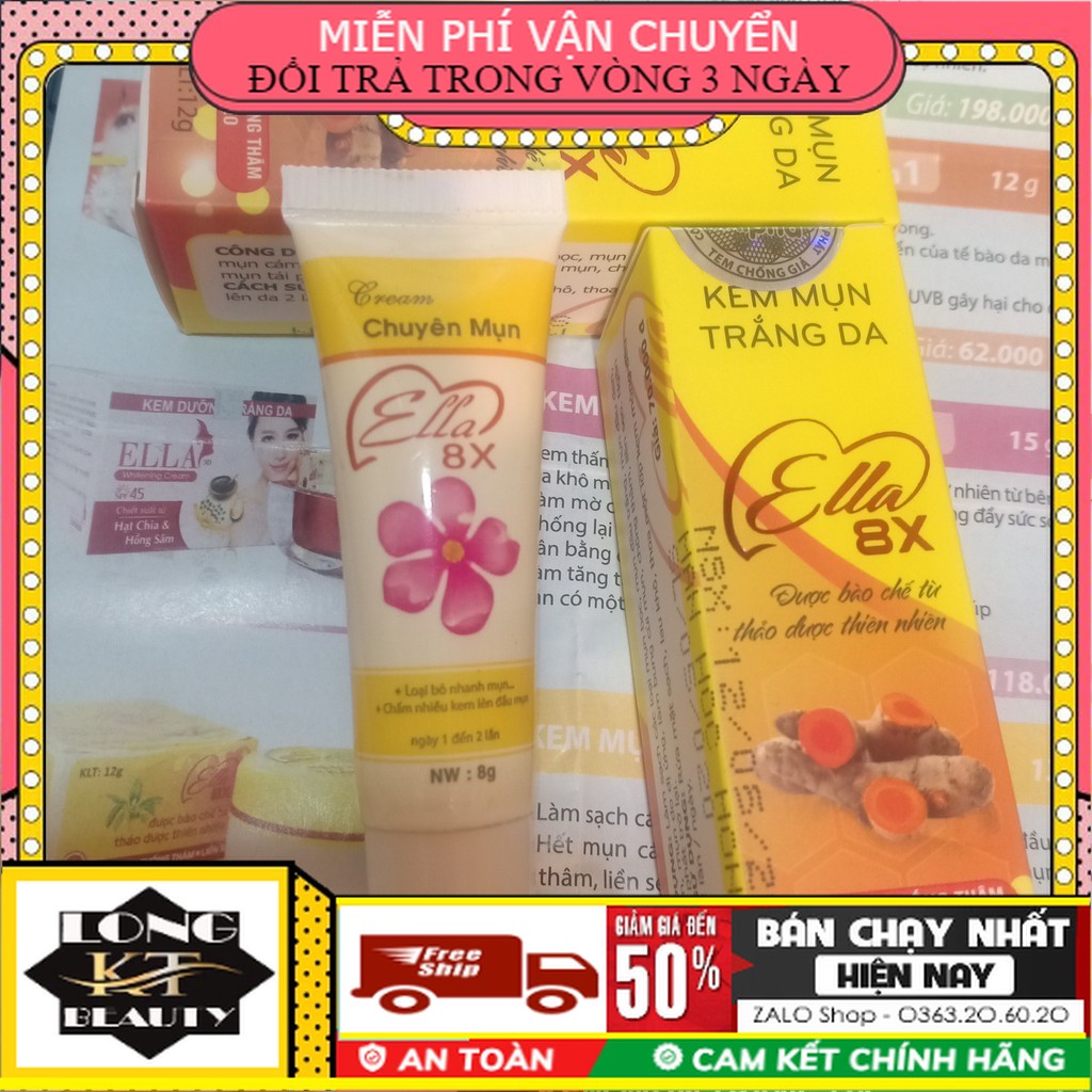 Chính Hãng- Kem mụn trắng da Ella 8x (dạng tuýt) 12gr Xóa sạch các loại mụn bọc ,mụn đầu trắng ,đầu đen,mụn cám ,mụn do dị ứng,làm bung cùi mụn , chống thâm ,liền sẹo , ngăn tái phát trở lại.