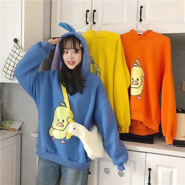 Áo hoodie nữ in hình vịt con dễ thương form rộng tôn dáng siêu xinh
