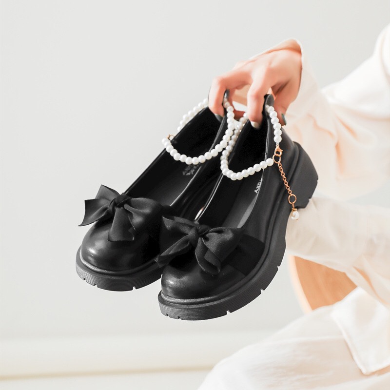 Giày búp bê nữ quai ngọc phối nơ siêu xinh giày lolita da mềm độn đế 5 phân