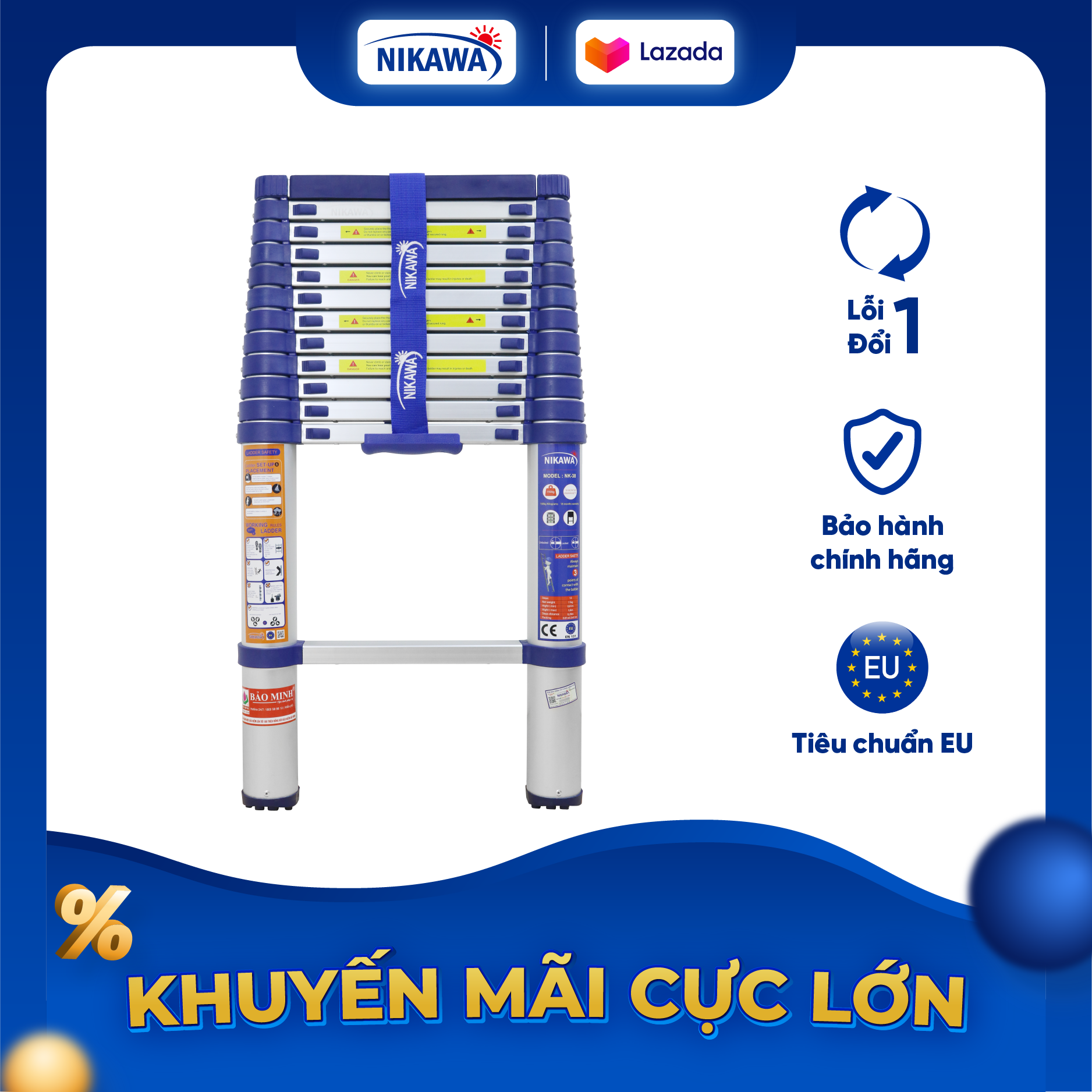 THANG NHÔM RÚT ĐƠN XẾP GỌN NIKAWA Chiều cao tối đa 3.8-4.8m Bảo hành 18 tháng Tặng kèm đệm cao su NK