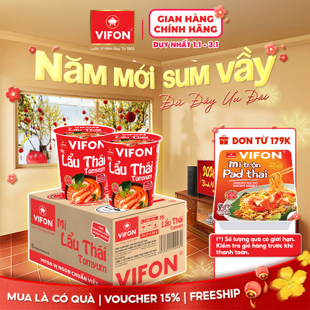 VOUCHER 15% Thùng 24 ly Mì Ly Lẩu Thái Tomyum KimChi Lẩu Thái Tôm Bò Gà Vị Chay VIFON 60g Ly