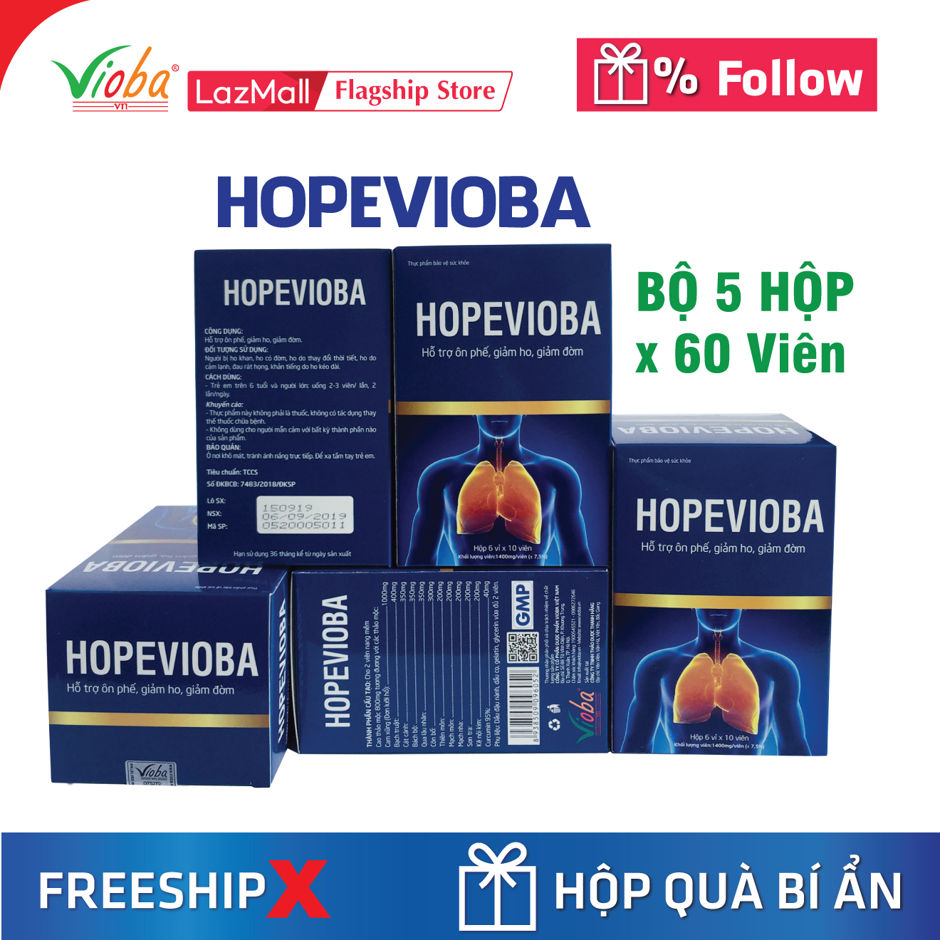 Viên uống giảm ho giúp hỗ trợ điều trị ho: ho có đờm, ho gió, ho khan, ho do thay đổi thời tiết, ho do cảm lạnh, đau rát họng, khản tiếng do ho kéo dài, ho do trào ngược thực quản dạ dày. HOPEVIOBA hộp 60 viên.