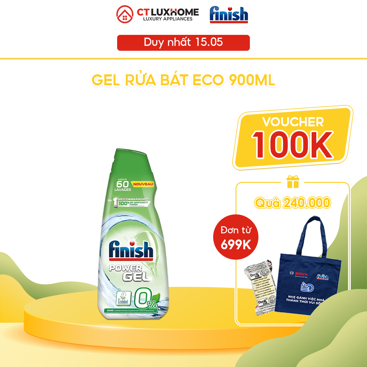 Gel rửa chén bát Finish Eco 0% PowerGel 900ml