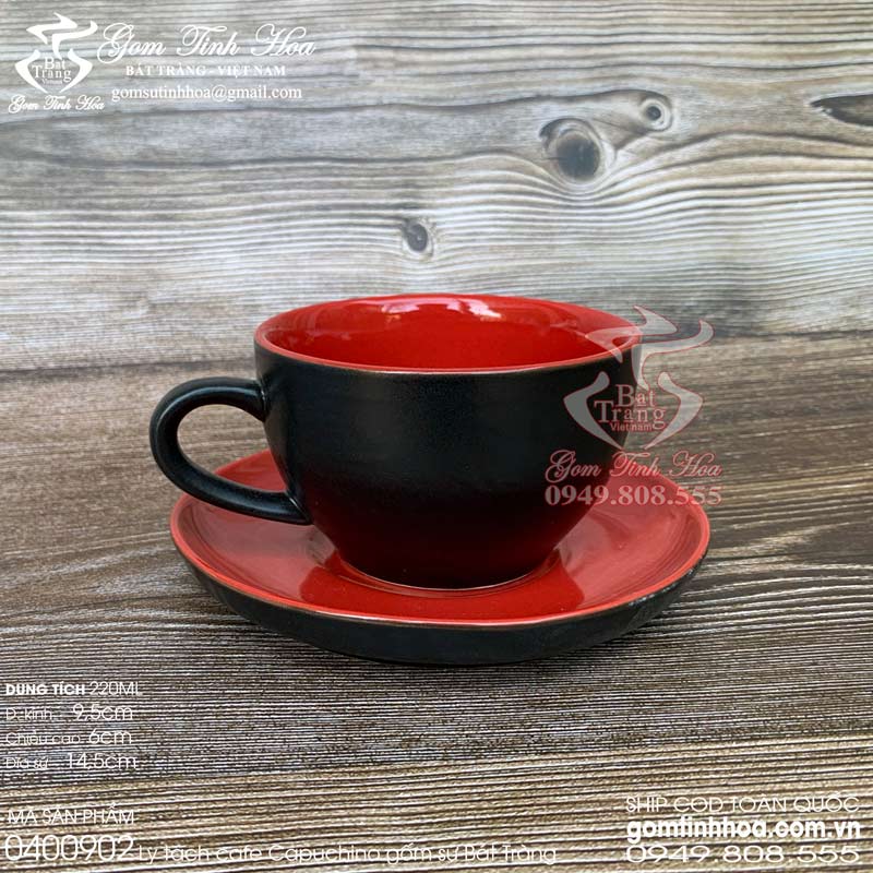 Ly tách cafe capuchino 220ml gốm sứ Bát Tràng cao cấp men đen lòng đỏ