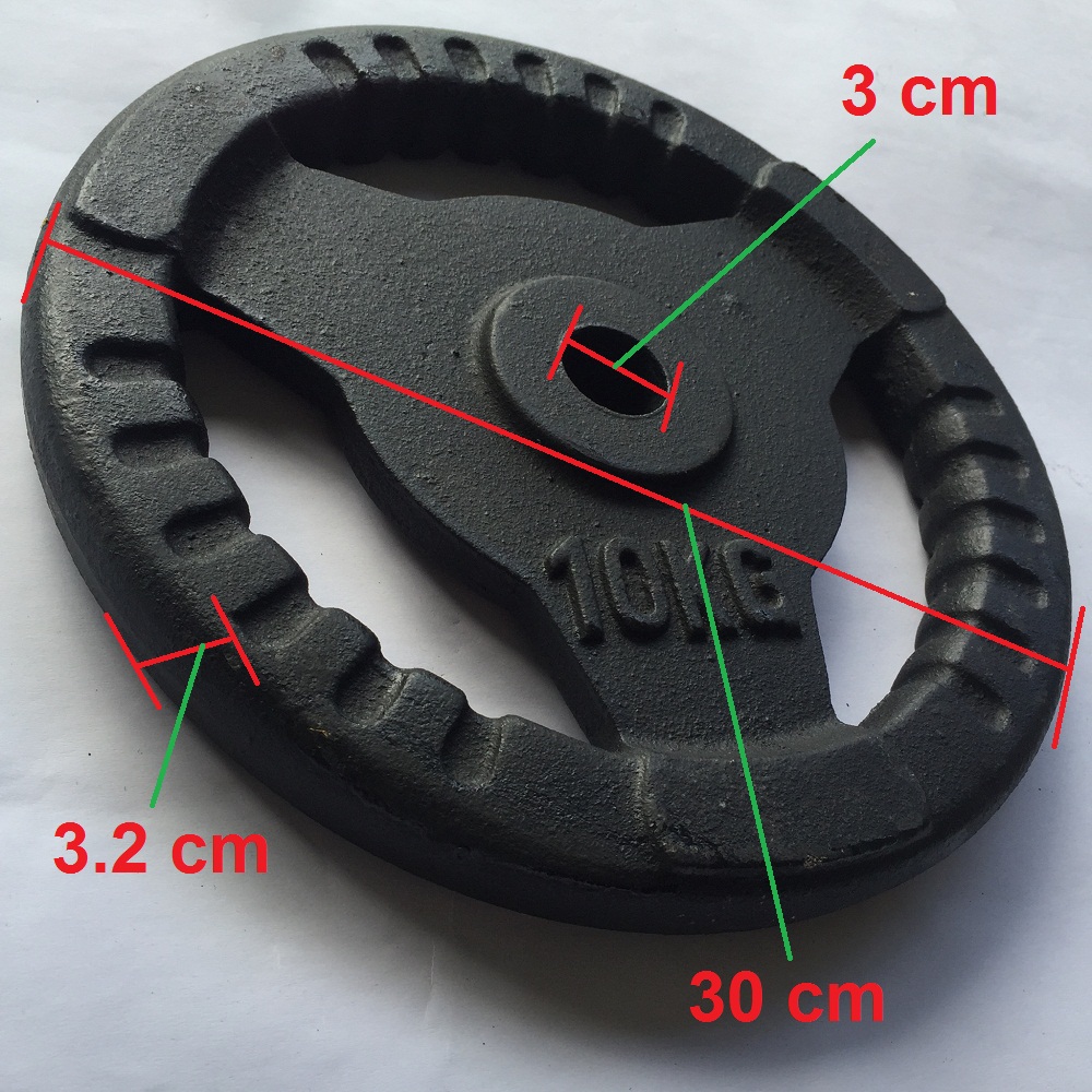 Bánh tạ gang 10kg có phi là 3 cm phù hợp để lắp vào đòn tạ tay, đòn tạ đẩy, lắp vào ghế tạ đa năng tập tay, vai, ngực cho nam và nữ. 1 miếng tạ tròn 3 lỗ, tạ 10kg, tạ autowin