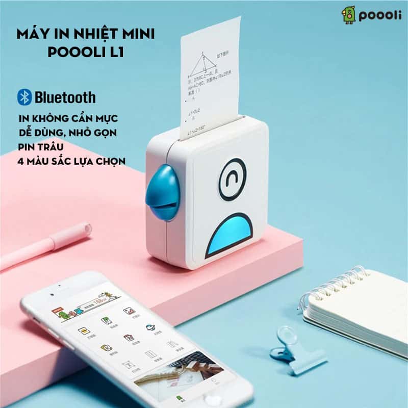 Máy in nhiệt Poooli L1 mini, in không cần mực, dùng in menu, công thức, ghi chú,phục vụ học tập nhỏ gọn, dễ dùng
