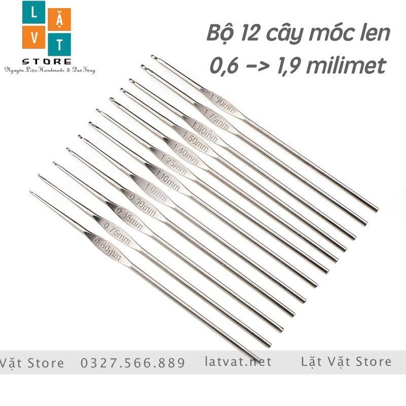 Bộ 12 cây móc len và thêu chỉ, móc chỉ ren sợi nhỏ