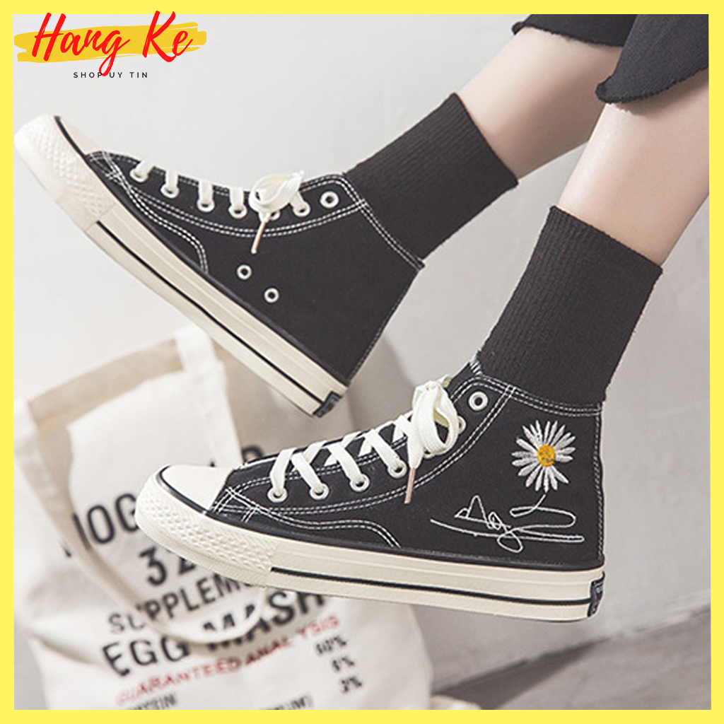 Giày nữ sneaker cao cổ CV thêu hình hoa cúc, chất liêu vải đế cao su mềm êm cao 2,5cm phù hợp đi làm đi chơi - Hang ke