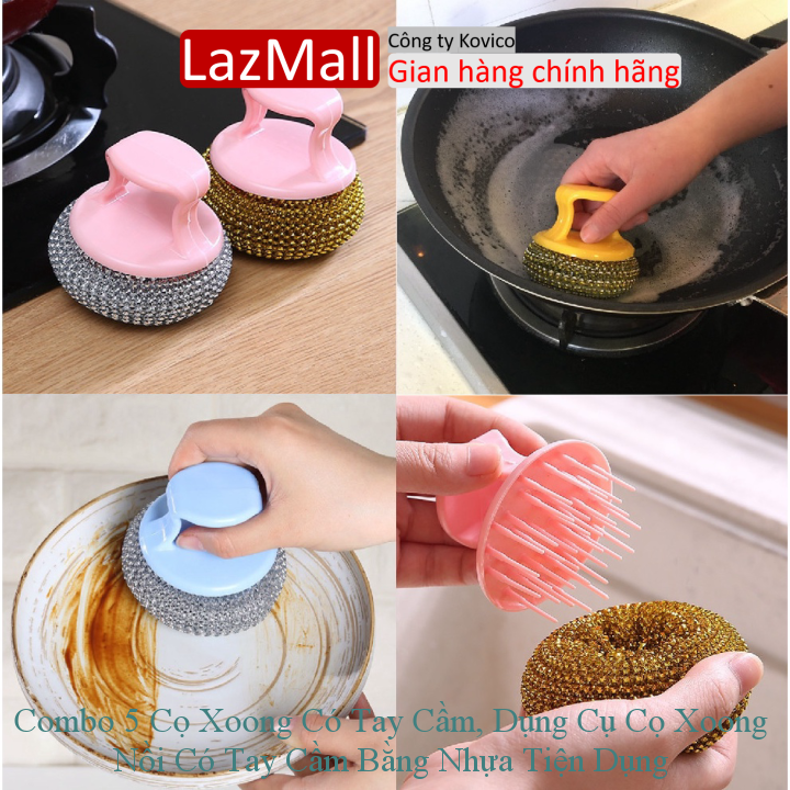 Combo 5 cọ xoong có tay cầm, dụng cụ cọ xoong nồi có tay cầm bằng nhựa tiện dụng