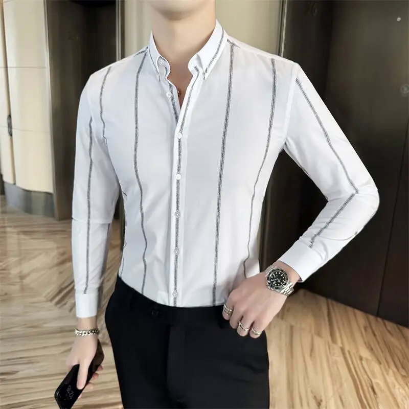 Áo sơ mi nam sọc mỏng mùa thu mùa xuân phong cách Hàn Quốc tất cả các trận đấu dài tay người đàn ông ăn mặc áo sơ mi kinh doanh xã hội camisa masculina 4XL