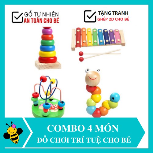 Đồ chơi cho bé combo 4 món con sâu gỗ - đàn gỗ 8 thanh - cầu vồng- luồn hạt