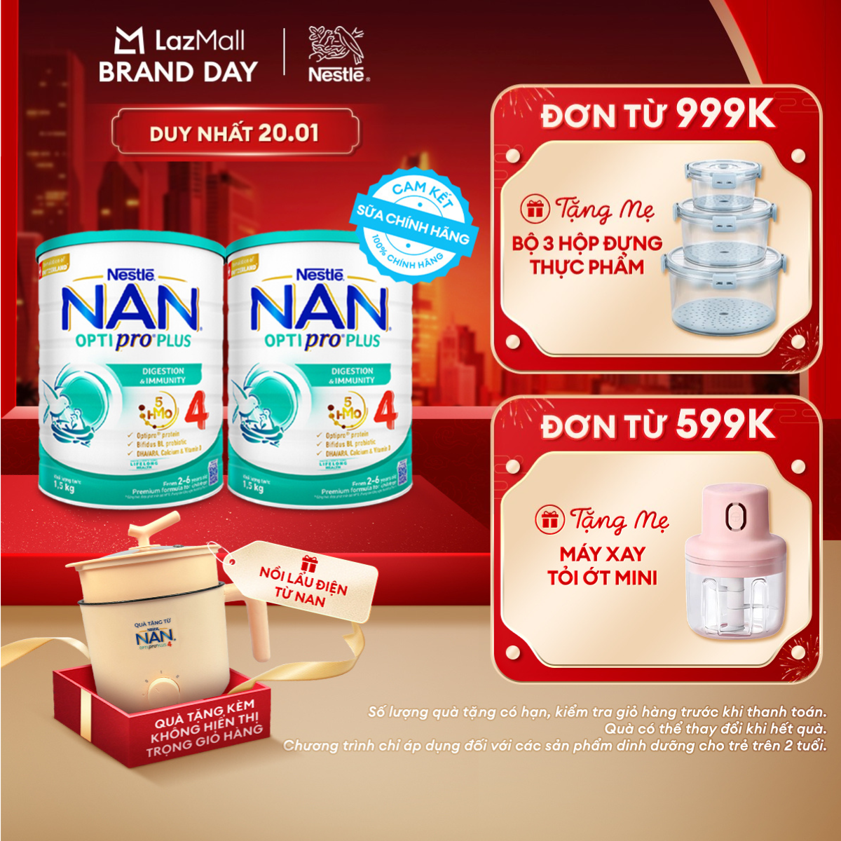 [CHỈ 20.01 QT Đơn 599K/999K] [Tặng Nồi lẩu điện] Bộ 2 lon Sữa bột Nestlé NAN OPTIPRO PLUS 4 1500g/lon với 5HMO Giúp tiêu hóa tốt cho bé từ 2 - 6 tuổi Sữa công thức dinh dưỡng cho trẻ giúp hỗ trợ tiêu hóa, đề kháng, trí não và phát triển toàn