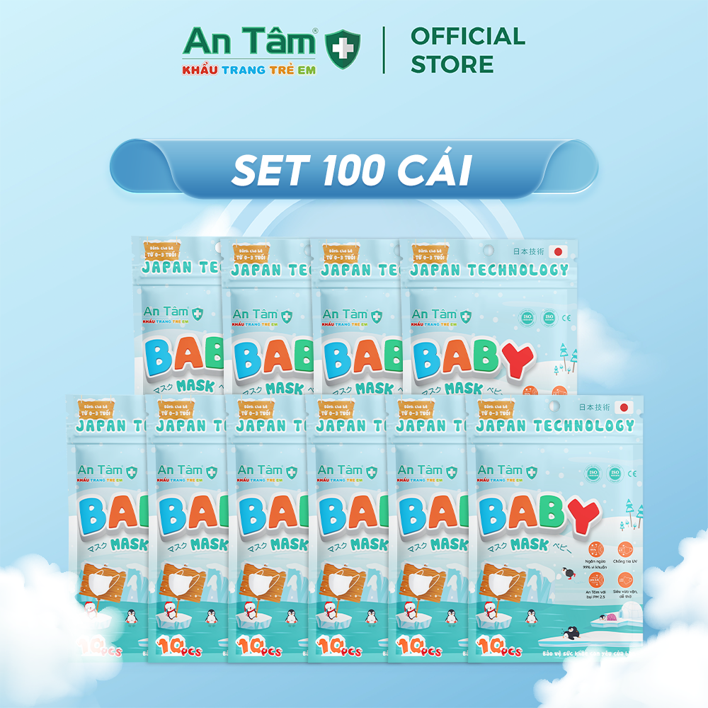 BABY MASK - Set 100 cái - Khẩu trang y tế kháng khuẩn chính hãng An Tâm cho bé sơ sinh từ 0 - 3 tuổi, họa tiết dễ thương