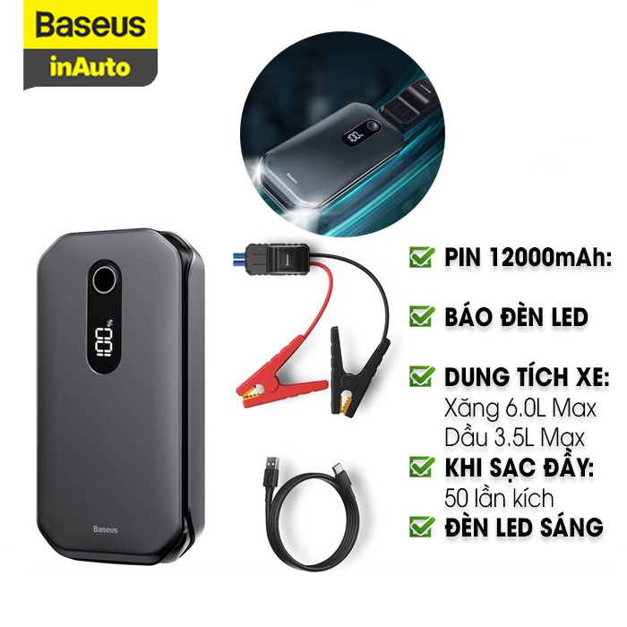 [BẢO HÀNH 12 THÁNG]Kích nổ ô tô Baseus dung lượng 12000mAh công suất 1000A kiêm pin sạc dự phòng tích hợp màn hình kỹ thuật số