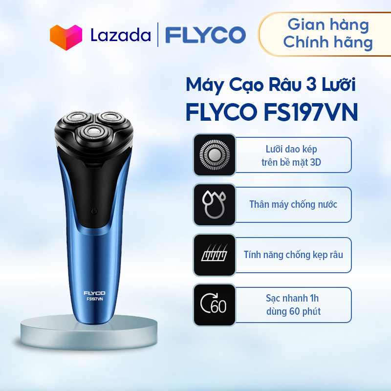 Máy cạo râu FLYCO FS197VN 3 lưỡi kép - Chống nước toàn thân - Sạc nhanh 1 giờ - Mạ hợp kim siêu bền chống xước - Thiết kế sang trọng - Bảo hành 2 năm - Hàng chính hãng