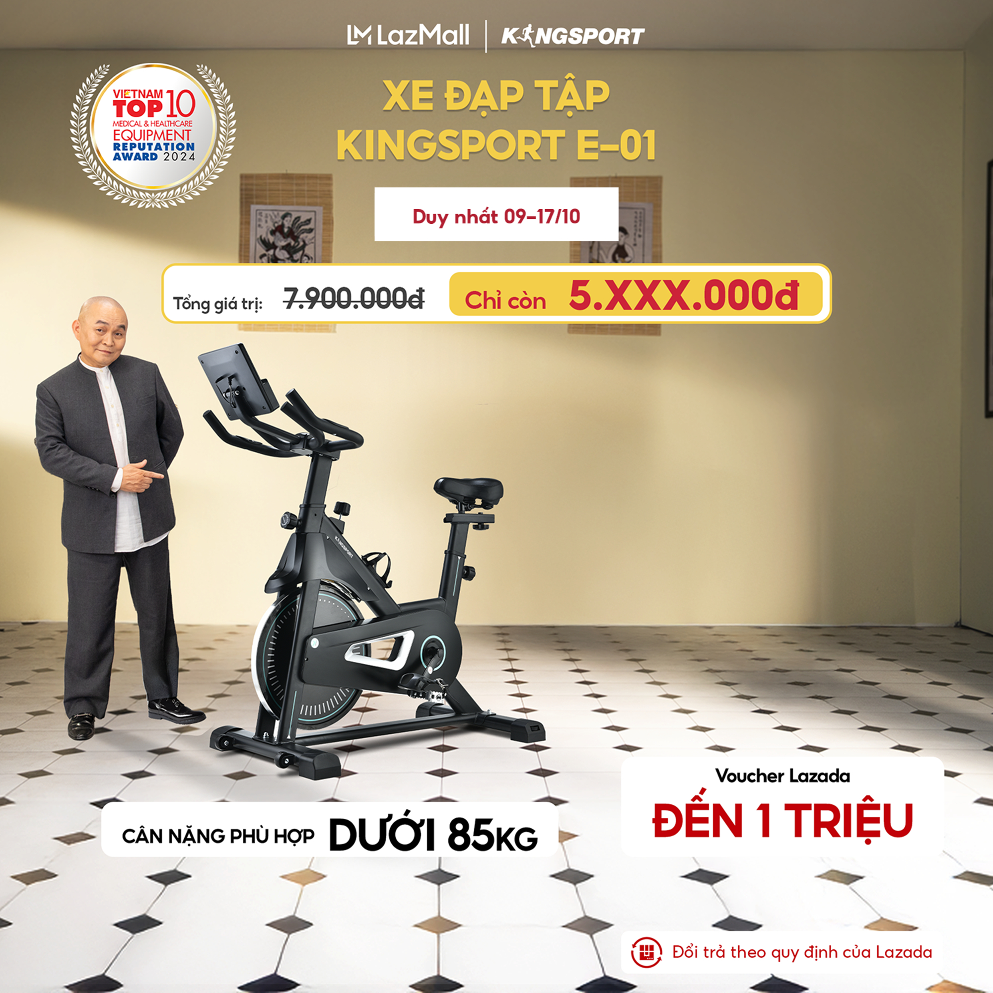 Miễn phí lắp đặt I Xe đạp tập KINGSPORT Active E-01 thiết kế năng động, bánh đà 6kg, kháng lực từ tính êm ái, tích hợp đồng hồ đo lường chỉ số