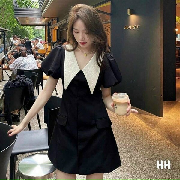 Đầm tiểu thư tay phồng dáng suông đi tiệc, đầm suông, váy chữ a, đầm xòe, đầm tay phồng, đầm nữ tay ngắn phồng phối cổ vạt nhọn kiểu hàn quốc