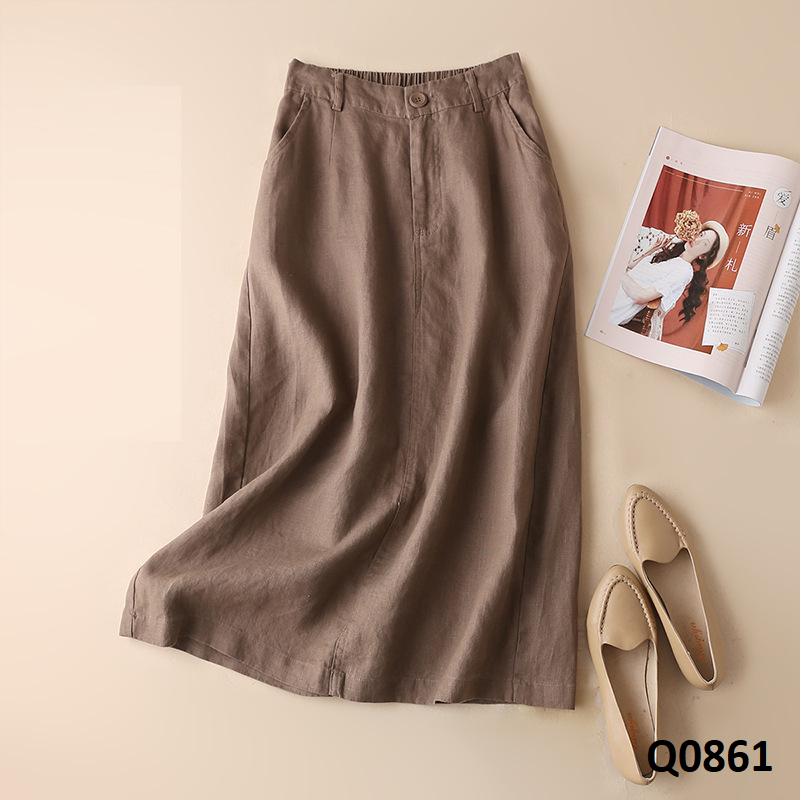 Q0861-chân váy linen lưng thun giản dị