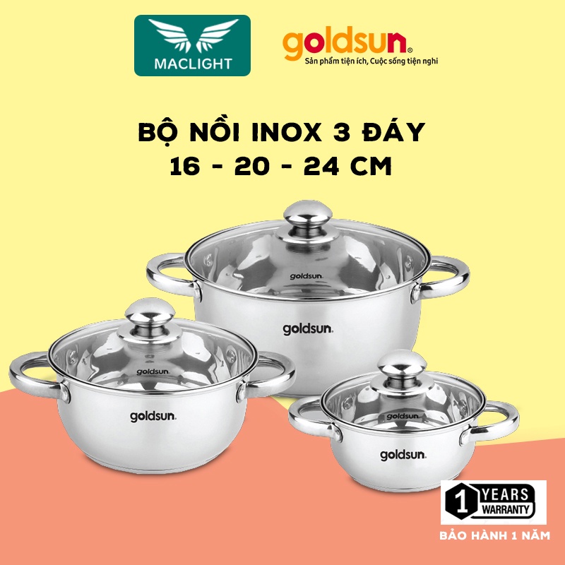 Bộ nồi inox 3 đáy goldsun gps1701-s, vung kính cường lực. bảo hành 6 tháng