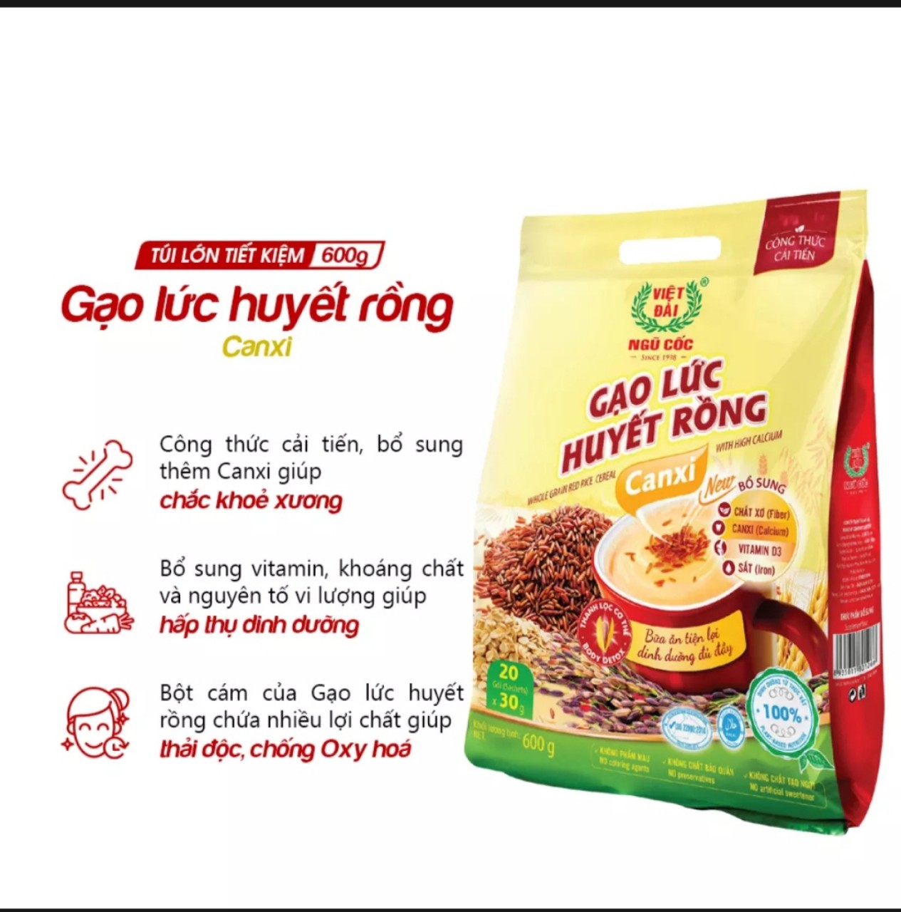 Bột ngũ cốc gạo lức huyết rồng canxi việt đài túi 600g