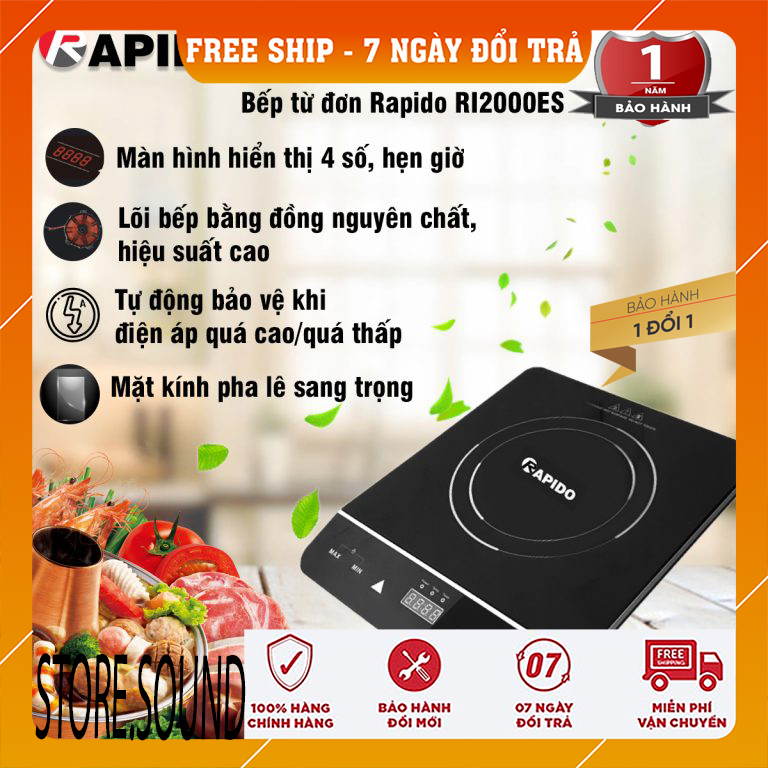 BẾP TỪ ĐƠN RAPIDO RI2000ES, BẾP ĐIỆN TỪ RAPIDO RI2000ES, BẢO HÀNH 12 THÁNG TRÊN TOÀN QUỐC . THIẾT KẾ SANG, TIẾT KIỆM ĐIỆN NĂNG ( LỖI 1 ĐỔI 1 )