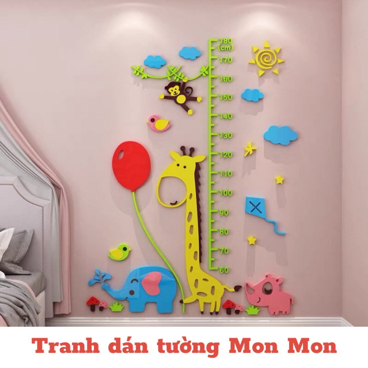 Tranh dán tường Mon Mon -Decal mica 3d đo chiều cao cho bé hươu và các bạn, thước đo trang trí phòng bé