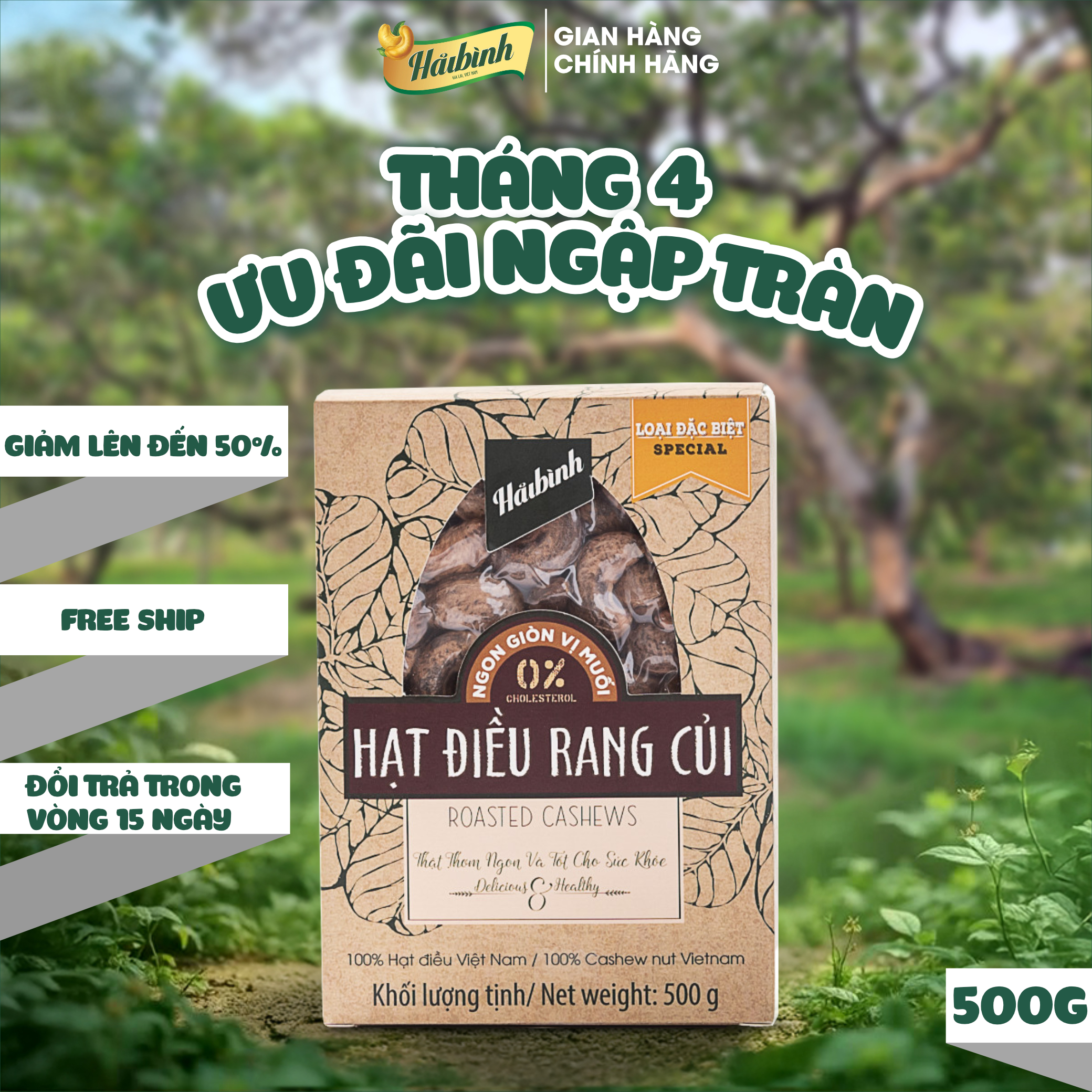 [Mua 2 hộp tặng 1 hạt điều tỏi ớt 115g] Hạt điều rang củi Hải Bình Gia Lai 500Gr - Hộp quà đặc biệt - Ăn Vặt (Còn vỏ lụa, date mới) Food  Nuts