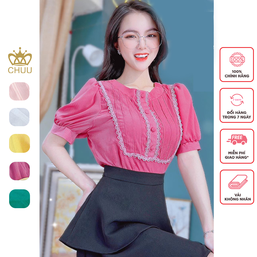Áo sơ mi công sở nữ kiểu tay bồng ren vuông chuu a9232