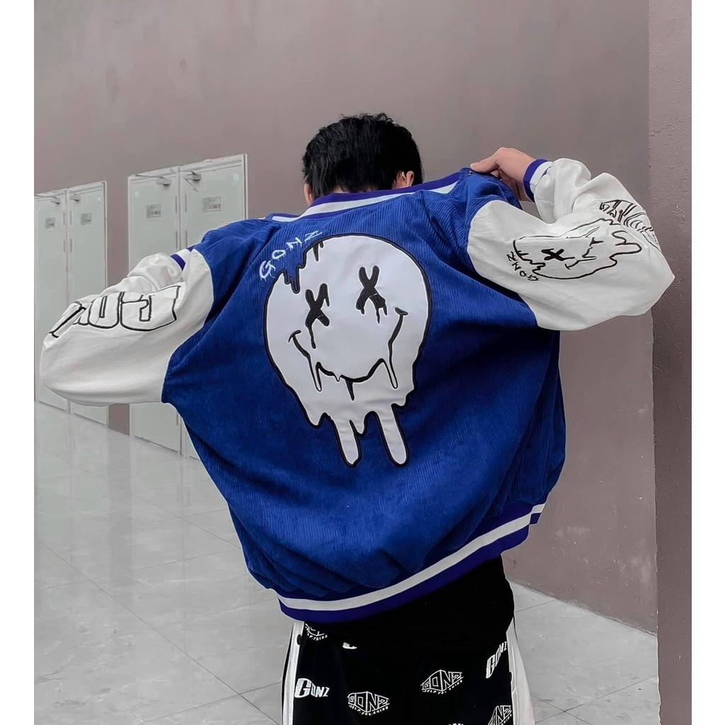 Áo Khoác Bomber Nhung Gân Tăm Thêu G-Smile Jacket Varsity Gonz Unisex Form Rộng Ulzzang Nupakachi