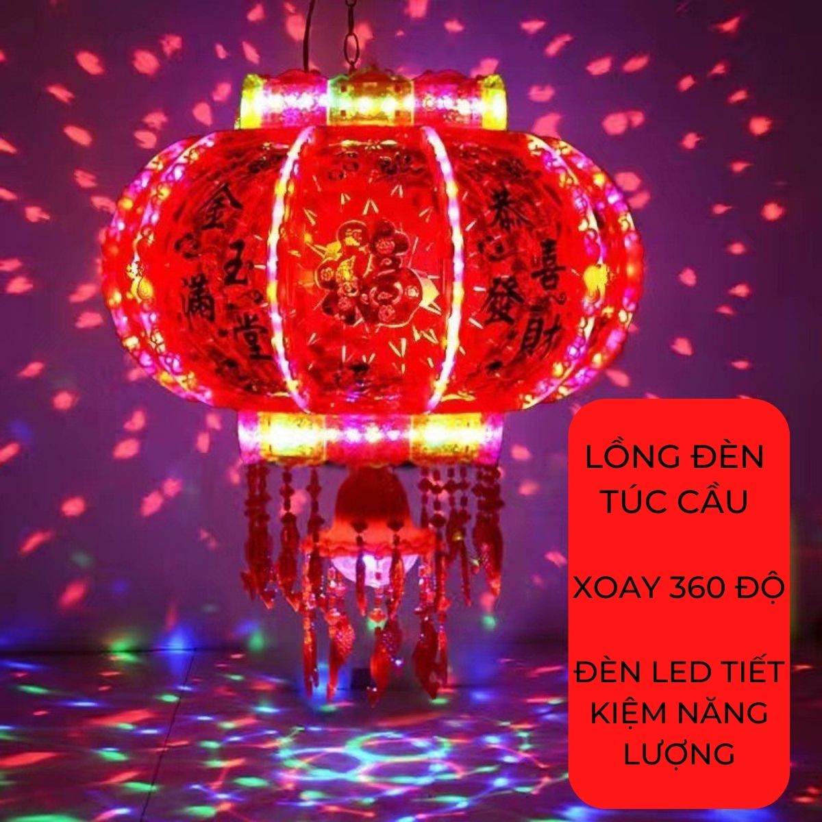 Combo 2 đèn lồng túc cầu xoay 360 độ, đường kính 50, 60, 80 cm, lồng đèn led 7 màu có quả cầu pha lê trang trí ngày tết