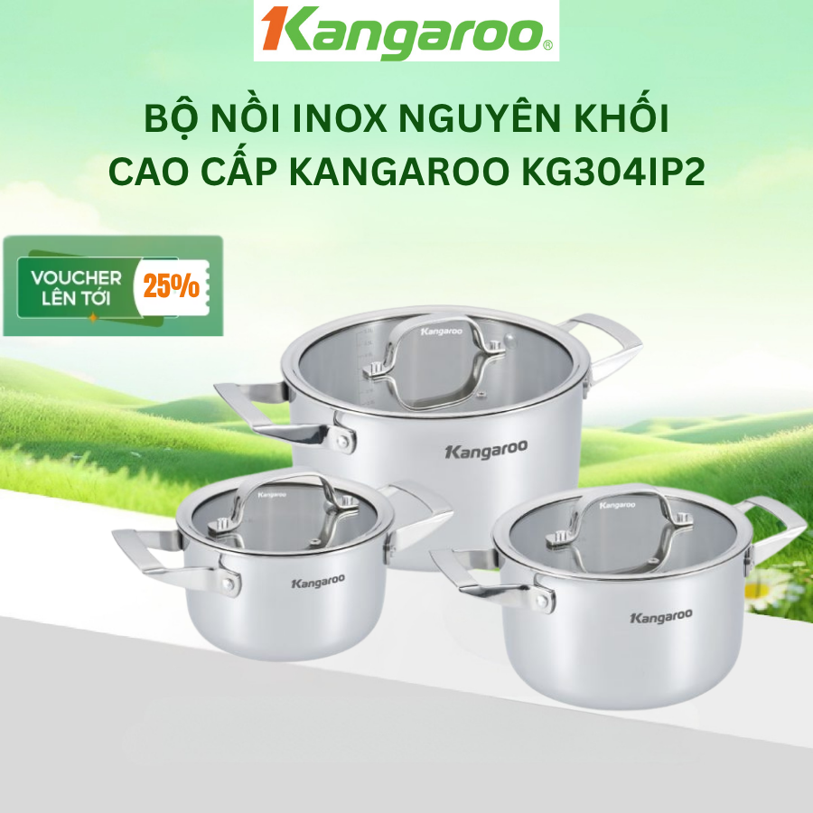 Bộ nồi Inox cao cấp Kangaroo KG304IP2 (3 cái: 16 - 20 - 24cm) - Hàng chính hãng