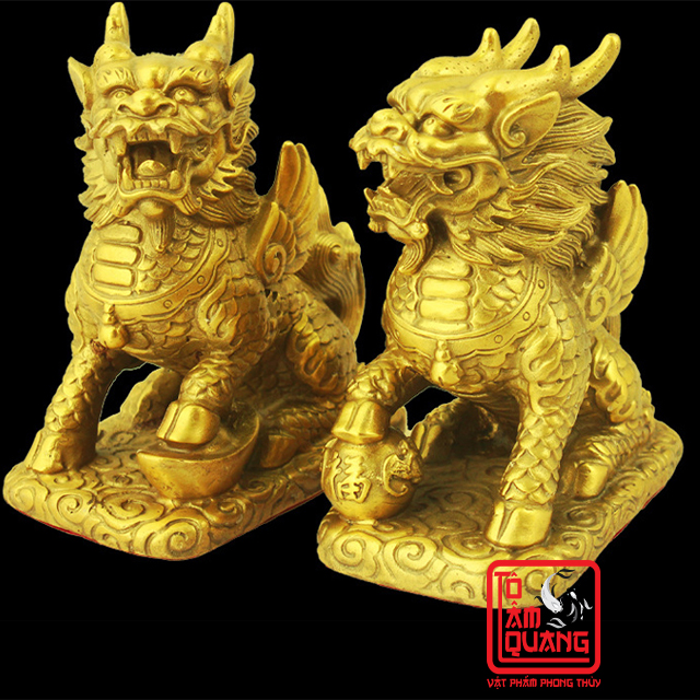 Cặp Kỳ Lân đồng nguyên chất phong thủy cao 12.5cm trang trí bàn thờ, bàn làm việc, nhà cửa - Tài lộc - Hóa giải vận hạn