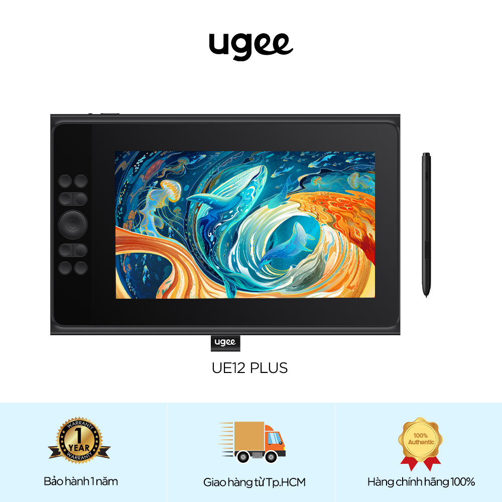 Ugee E12 PLUS Màn hình bút vẽ màn hình 11,9 inch với màn hình nhiều lớp 147% sRGB, với bút cảm ứng độ nhạy áp suất 16K cấp độ không dùng pin, với 8 phím tắt bánh xe cuộn do người dùng xác định