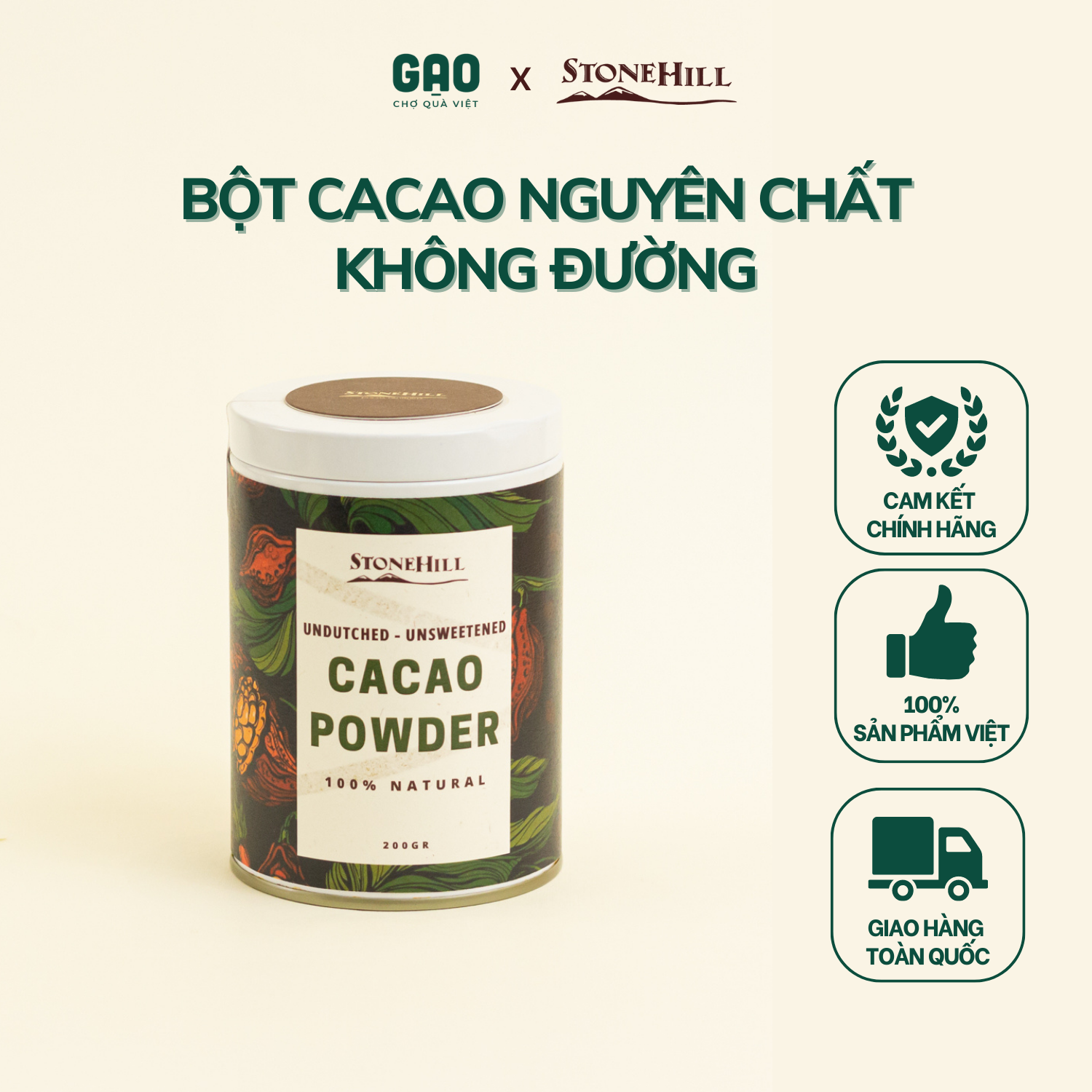 Bột cacao nguyên chất không đường - Stone Hill - Lon 200g