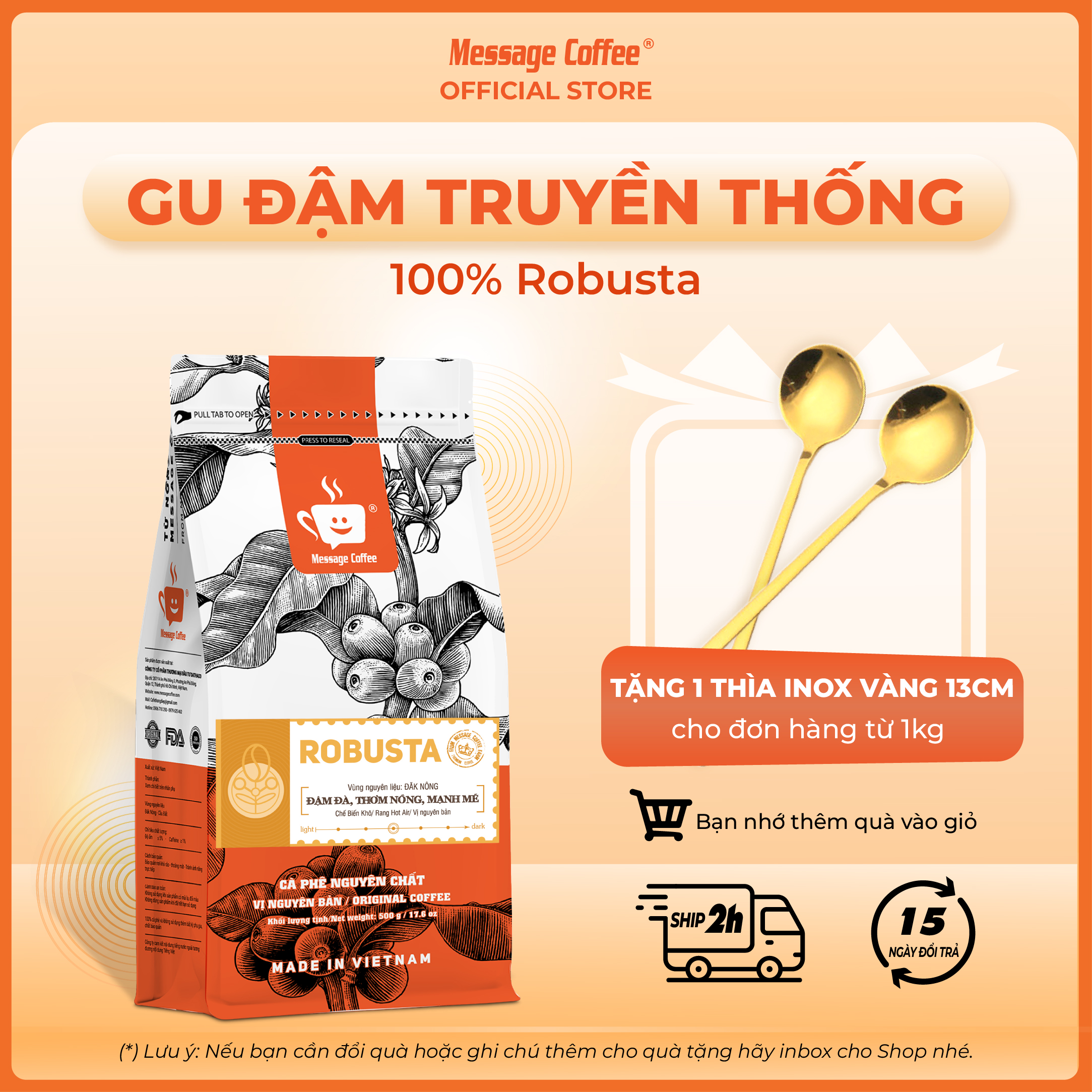 Cà phê Robusta nguyên chất rang mộc 100% cafe hạt gói 500gr vị đắng đậm gu truyền thống từ Message Coffee