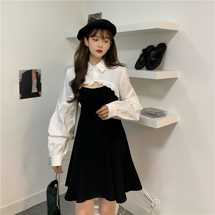 Set áo croptop sơ mi bèo trắng dài tay mix váy 2 dây xòe thời trang nữ diện thu