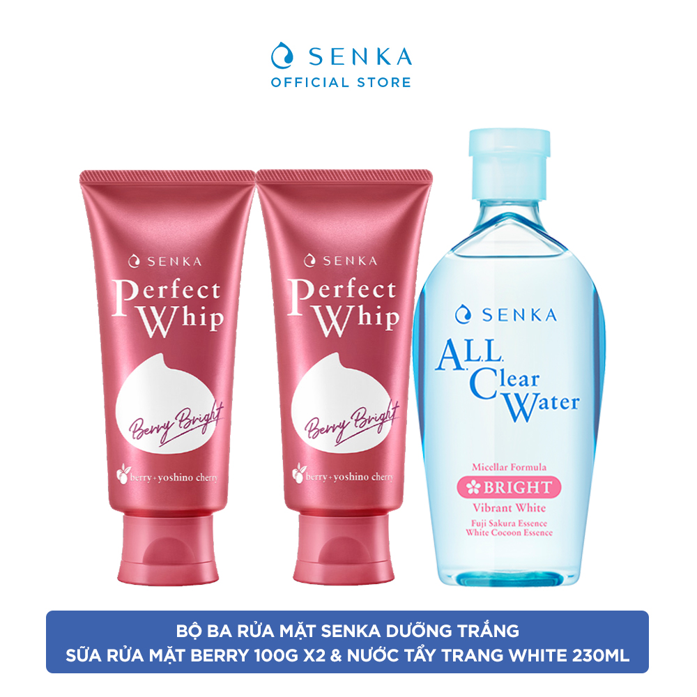Bộ ba Sữa rửa mặt sạch sâu sáng hồng Senka Berry 100Gx2 & Nước tẩy trang sáng da Senka White 230ML